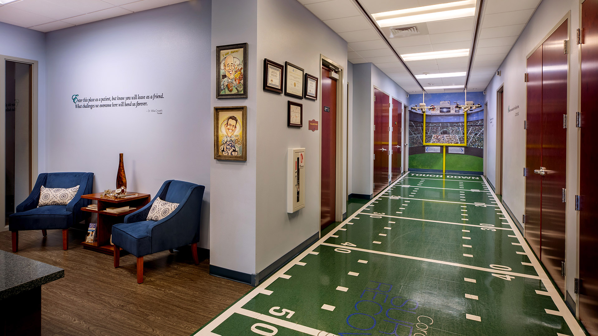 Recovery suite reception area, decorated like a football field, at Crovetti Orthopaedics